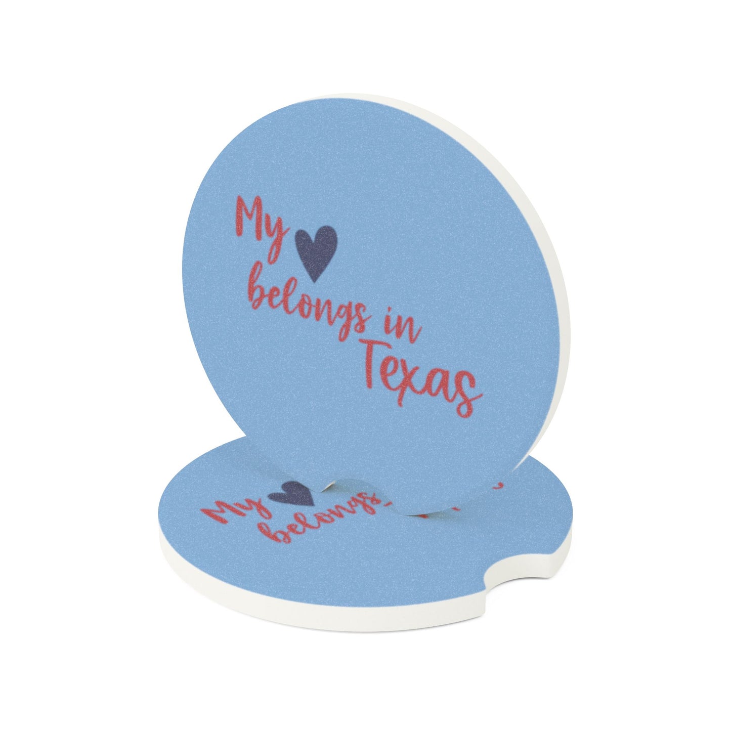 My Heart Belongs in Texas Car Coaster 2 Pack – Absorbent Soapstone Cup Holder Insert, Texas Gift for Texans & Travelers