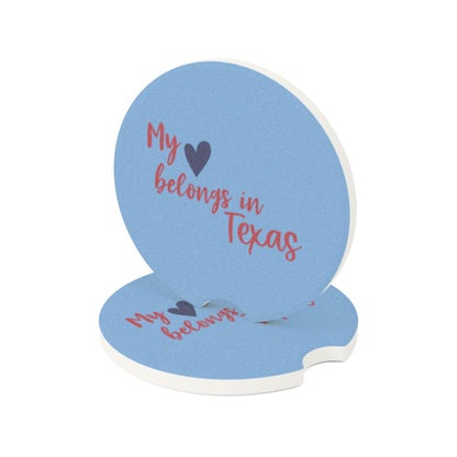 My Heart Belongs in Texas Car Coaster 2 Pack – Absorbent Soapstone Cup Holder Insert, Texas Gift for Texans & Travelers